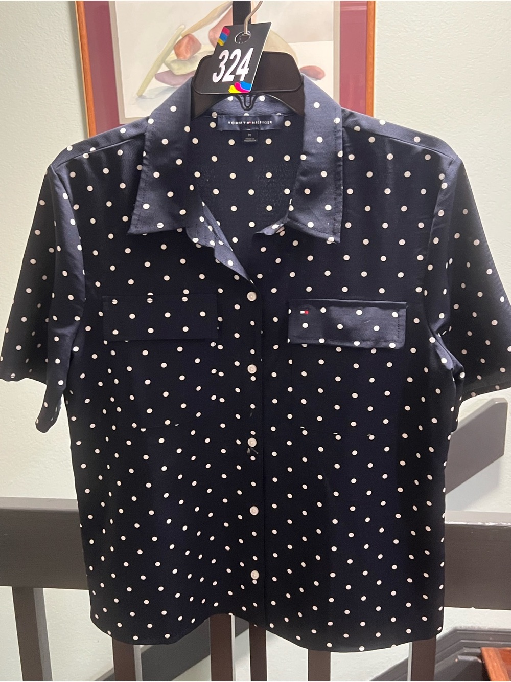 NWOT Tommy Hilfiger Navy Short Sleeve Polka Dot Button-Down Shirt Medium #324